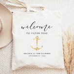 Nautical Wedding Welcome Gold Tote Bag<br><div class="desc">This nautical destination wedding hotel or favor bag features a silhouette illustration of an anchor in gold faux foil, under the word "welcome" in elegant black handwriting script. Personalize it with your wedding location, the names of the bride and groom, and the wedding date. Perfect for a boat, yacht, coastal...</div>