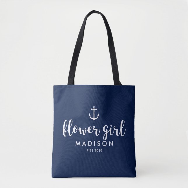 Nautical Wedding White Anchor Custom Flower Girl Tote Bag (Front)