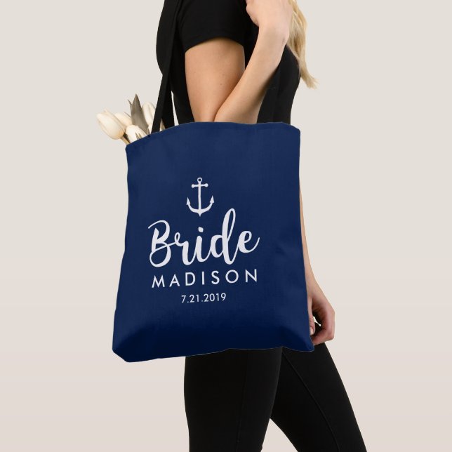 Nautical Wedding White Anchor Personalized Bride Tote Bag (Close Up)