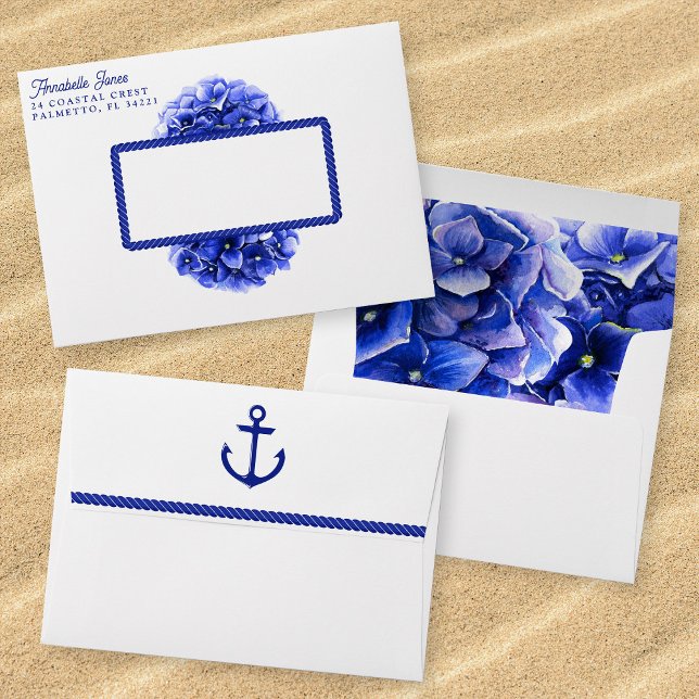 Nautical Wedding White Blue Floral Hydrangea Envelope (Mockup of front, back and inside of envelope.)
