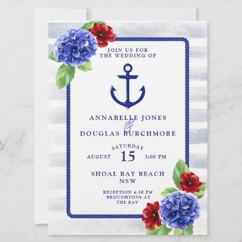 Nautical Wedding White Blue Red Floral Watercolor Invitation