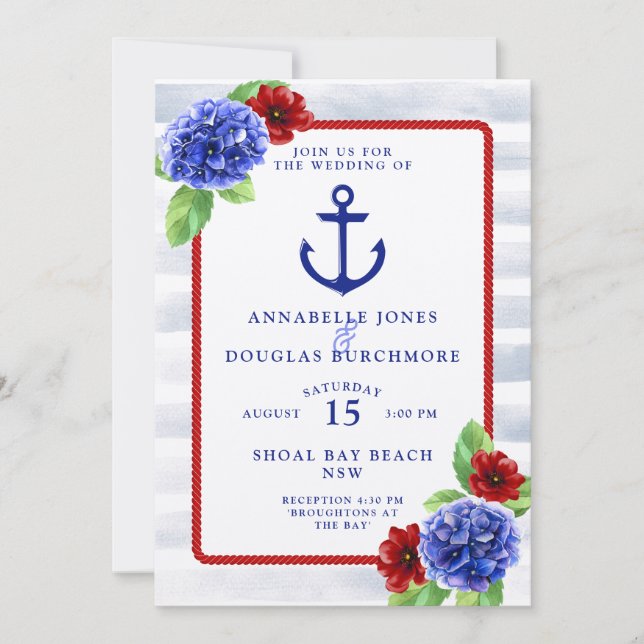 Nautical Wedding White Red Blue Floral Watercolor Invitation (Front)