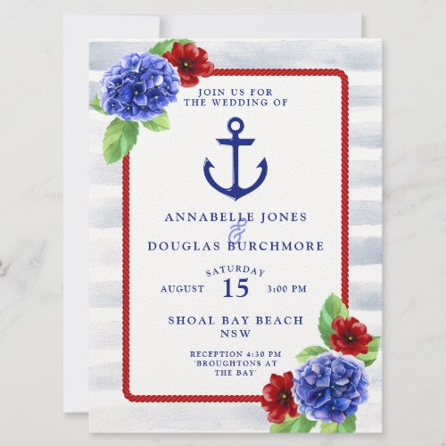 Nautical Wedding White Red Blue Floral Watercolor Invitation