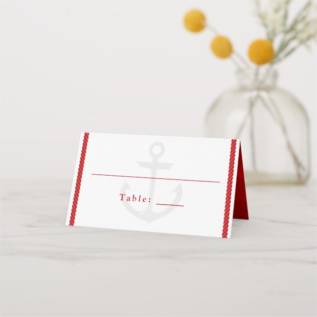 Nautical Wedding White Red Rope Anchor Place Card (Front)