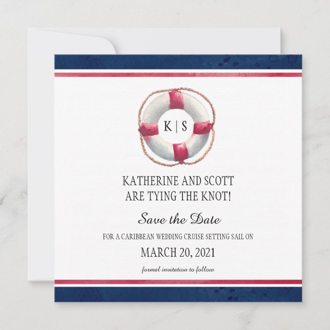 Nautical Wedding with Hand Painted Life Preserver Save The Date (Front)
