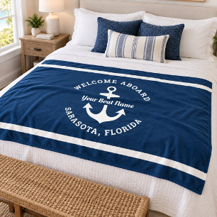Nautical Welcome Aboard Anchor Boat Name Fleece Blanket