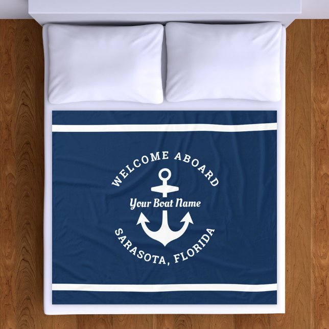 Nautical Welcome Aboard Anchor Boat Name Fleece Blanket (Creator Uploaded)