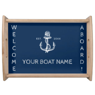 Nautical welcome aboard anchor boat name navy blue serving tray