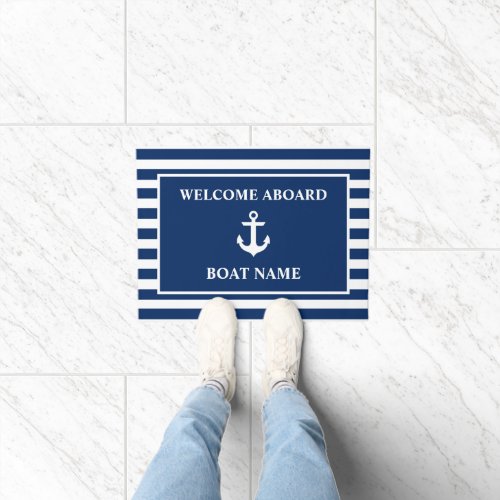 Nautical Welcome Aboard Anchor Navy Blue Striped Doormat