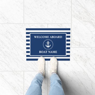 Nautical Welcome Aboard Anchor Rope Blue Striped Doormat