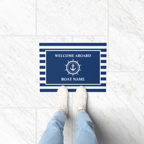 Nautical Welcome Aboard Anchor Rope Helm Striped Doormat