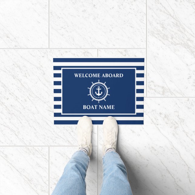Nautical Welcome Aboard Anchor Rope Helm Striped Doormat (Indoor)