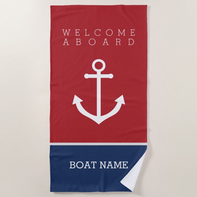 Nautical welcome aboard beach towel with anchor (Front)