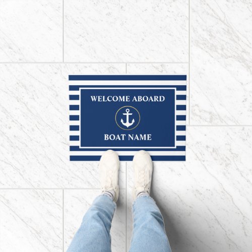 Nautical Welcome Aboard Blue Striped Anchor Ring Doormat