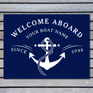 Nautical Welcome Aboard Boat Name Anchor Navy Blue Doormat