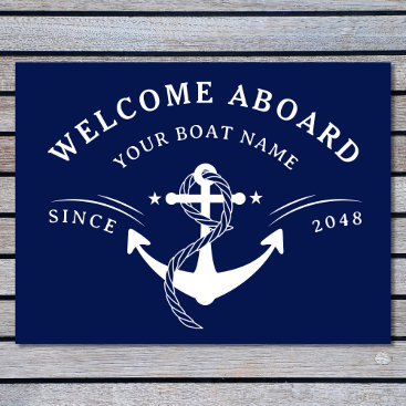 Nautical Welcome Aboard Boat Name Anchor Navy Blue Doormat