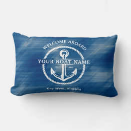 Nautical Welcome Aboard Boat Name Anchor Navy Blue Lumbar Pillow