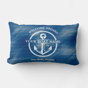 Nautical Welcome Aboard Boat Name Anchor Navy Blue Lumbar Pillow