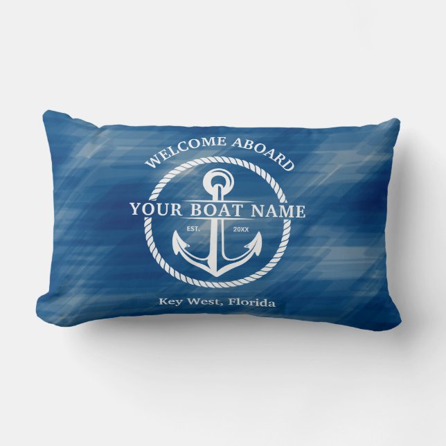 Nautical Welcome Aboard Boat Name Anchor Navy Blue Lumbar Pillow (Front)