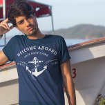 Nautical Welcome Aboard Boat Name Anchor Navy T-Shirt<br><div class="desc">Welcome aboard your vessel with this custom Nautical Welcome Aboard Boat Name Anchor Navy T-Shirt! Designed with a classic navy blue background and a prominent boat anchor, this doormat is perfect to wear to your lake or coastal home, or boat. This t shirt can be customized with your boat name,...</div>