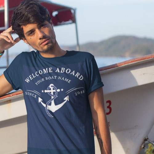 Nautical Welcome Aboard Boat Name Anchor Navy T_Shirt