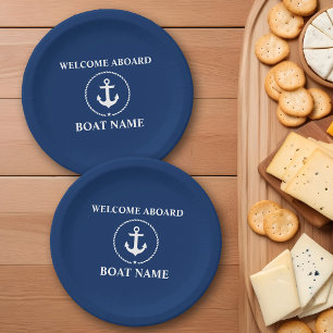 Nautical Welcome Aboard Boat Name Anchor Rope Blue Paper Plates