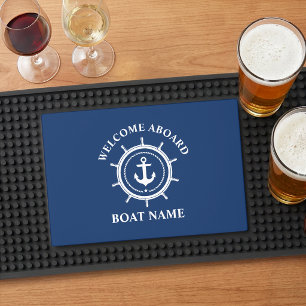 Nautical Welcome Aboard Boat Name Anchor Rope Helm Bar Mat