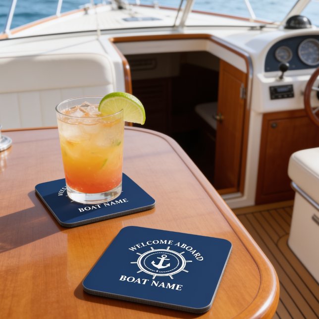 Nautical Welcome Aboard Boat Name Anchor Rope Helm Beverage Coaster (Customize with Your Boat Name.)