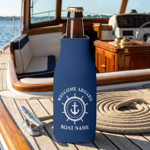 Nautical Welcome Aboard Boat Name Anchor Rope Helm Bottle Cooler