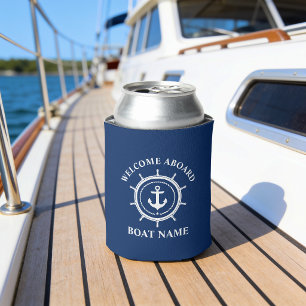 Nautical Welcome Aboard Boat Name Anchor Rope Helm Can Cooler