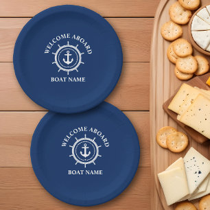 Nautical Welcome Aboard Boat Name Anchor Rope Helm Paper Plates