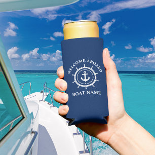 Nautical Welcome Aboard Boat Name Anchor Rope Helm Seltzer Can Cooler
