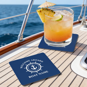Nautical Welcome Aboard Boat Name Anchor Rope Helm Square Paper Coaster