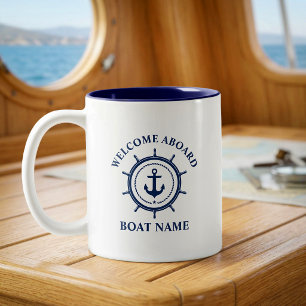 Nautical Welcome Aboard Boat Name Anchor Rope Helm Two-Tone Coffee Mug