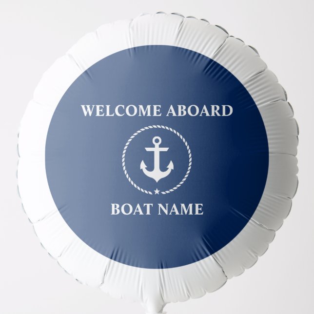 Nautical Welcome Aboard Boat Name Blue Helium Balloon (Front)