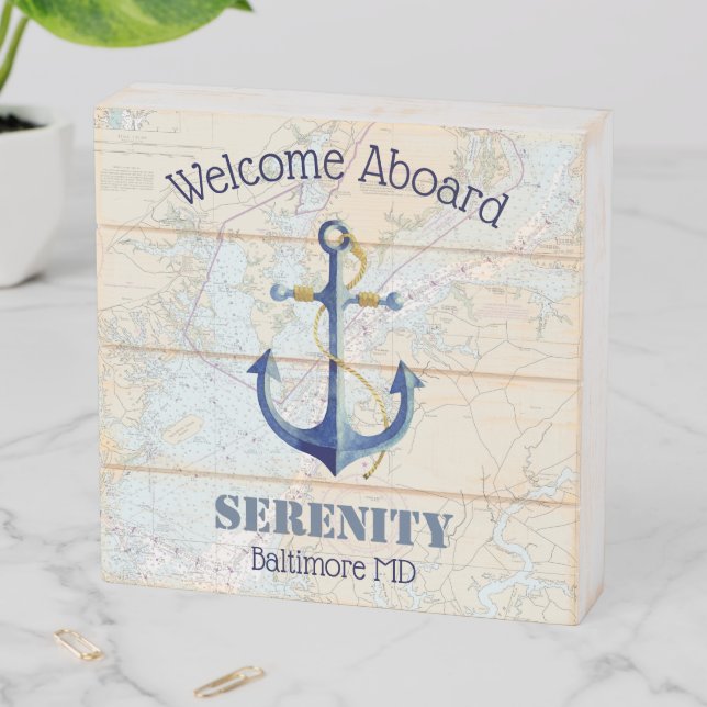 Nautical Welcome Aboard Boat Name Chesapeake Bay Wooden Box Sign (In Situ Horizontal)
