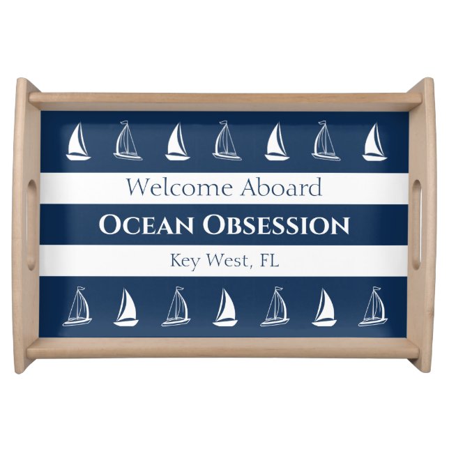 Nautical Welcome Aboard Boat Name, Navy and White Serving Tray (Front)