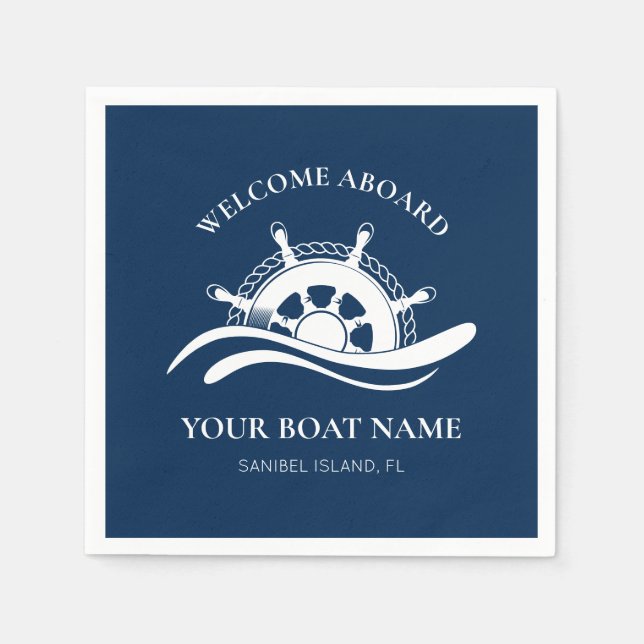 Nautical Welcome Aboard Boat Name Ship Wheel Napkins (Front)