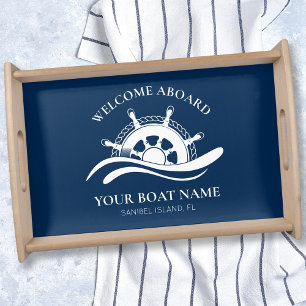 Nautical Welcome Aboard Boat Name Ship Wheel Serving Tray
