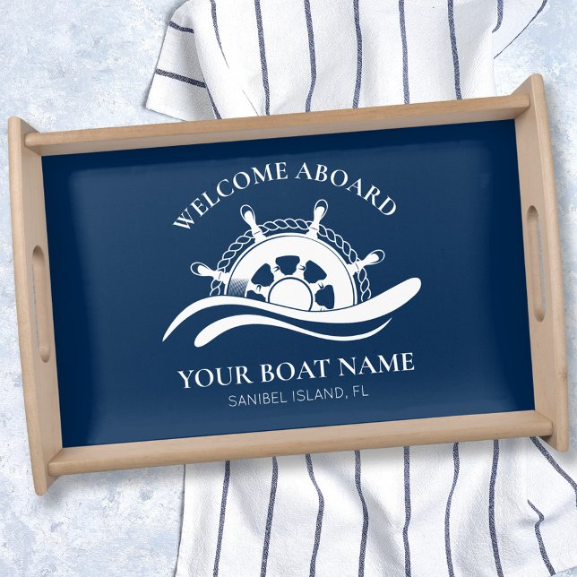 Nautical Welcome Aboard Boat Name Ship Wheel Serving Tray (Creator Uploaded)