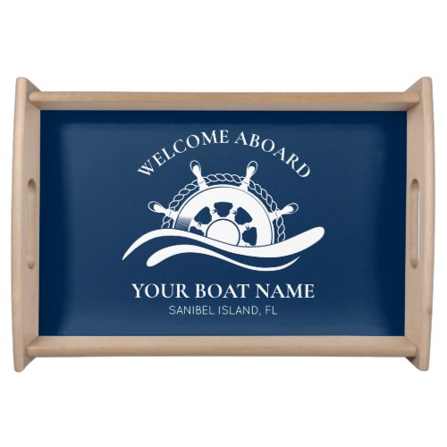 Nautical Welcome Aboard Boat Name Ship Wheel Serving Tray