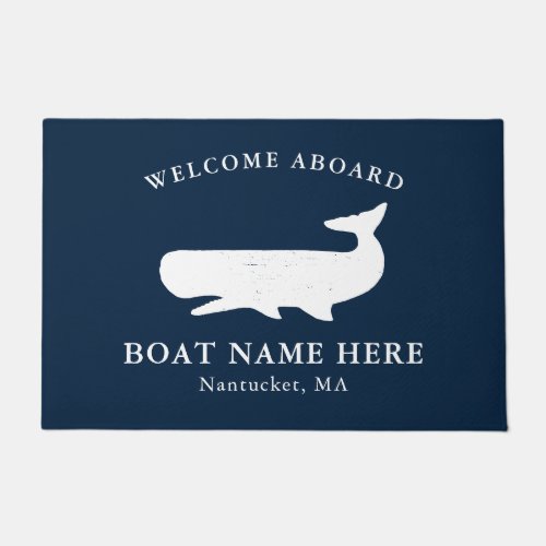 Nautical Welcome Aboard Boat Name Whale Navy Blue  Doormat