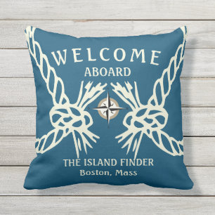 Nautical Welcome Aboard Boat's Name Ocean Blue  Outdoor Pillow