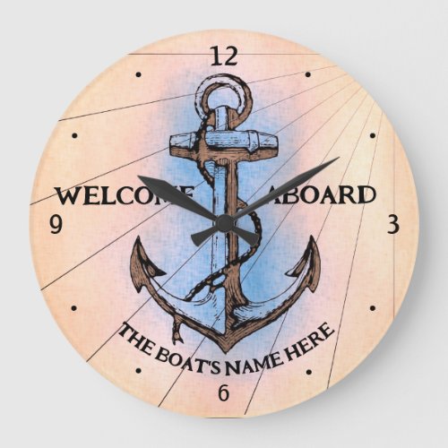 Nautical Welcome Aboard Boats Name Old Anchor  Large Clock