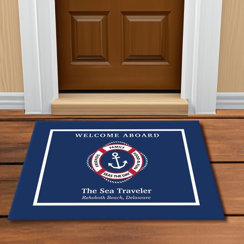 Nautical Welcome Aboard Life Preserver Anchor Doormat