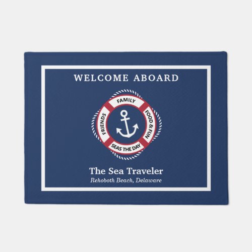 Nautical Welcome Aboard Life Preserver Anchor Doormat