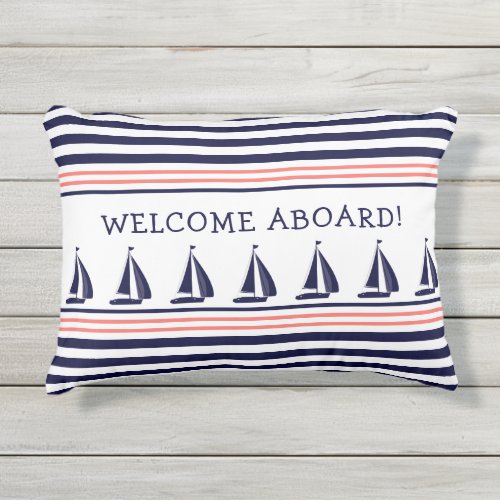Nautical Welcome Aboard Navy and White Stripes Outdoor Pillow