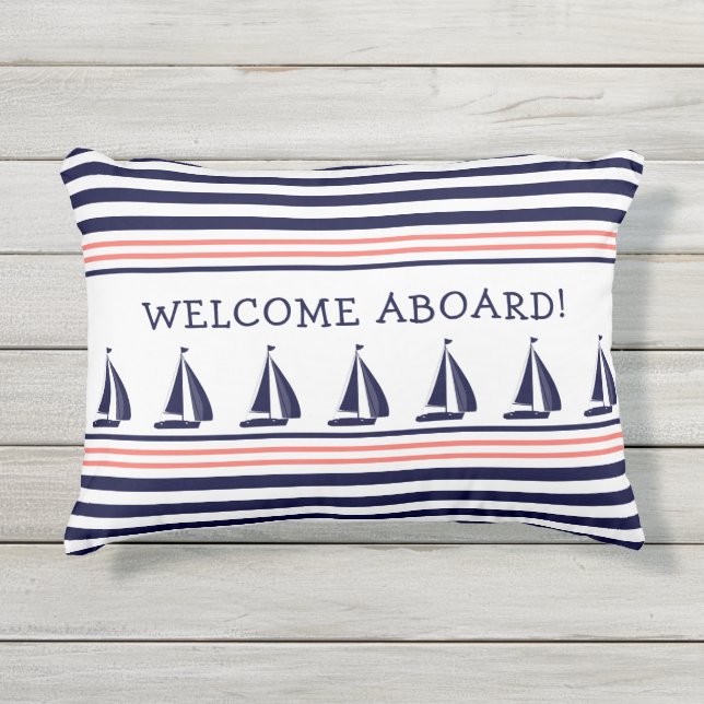 Nautical Welcome Aboard Navy and White Stripes Outdoor Pillow (Front)