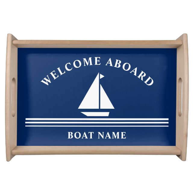 Nautical Welcome Aboard Navy Blue Boat Name Serving Tray (Front)