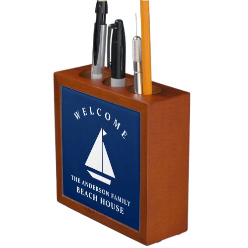 Nautical Welcome Aboard Navy Blue Sailing Name Desk Organizer